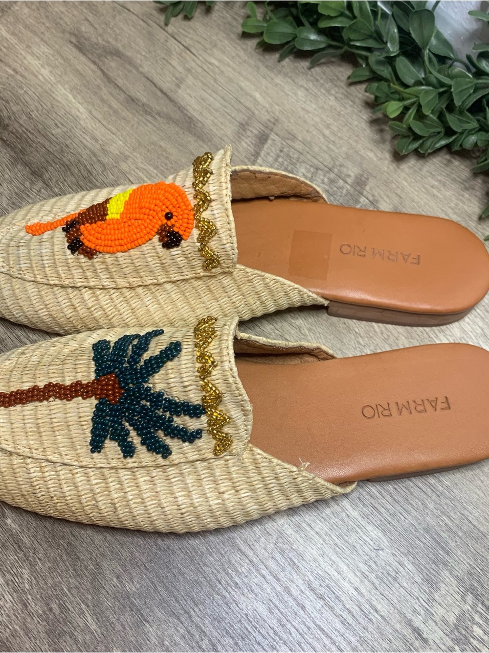 Farm Rio Macaw Beaded Raffia Mules Ladies Size 8.5
